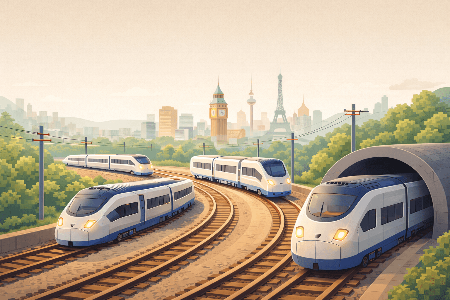 Trenes de alta velocidad al atardecer